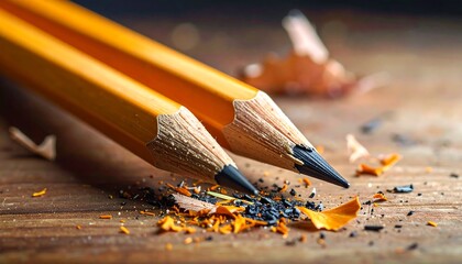 Macro shot of two yellow pencils with sharpened tips, resting on a wooden surface alongside pencil shavings and a single, curled fragment