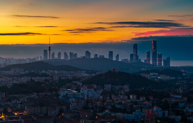 Cityscape at dawn in Qingdao, China
