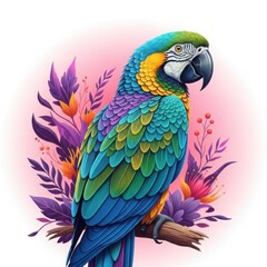 Fototapeta premium Vibrant blue and yellow macaw parrot perched on a branch with tropical foliage isolated on white background