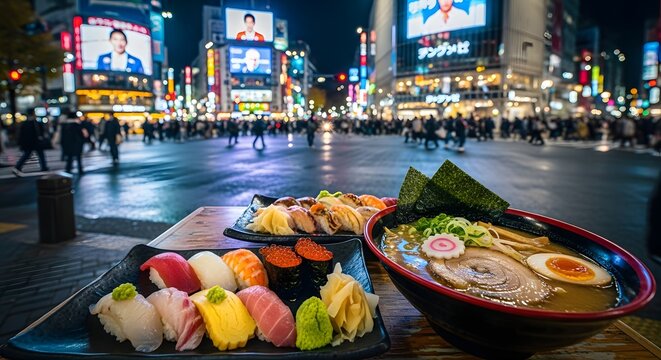 Ramen and sushi in shibuya night scene - Powered by Adobe