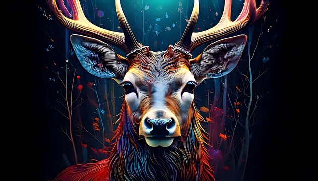 Majestic deer portrait with striking colors, antlers prominent. A magical forest background in vibrant shades, capturing a captivating and artistic essence