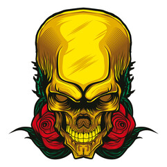 Golden Skull Emblem: A captivating golden skull, adorned with intricate details, emerges from a bed of vibrant red roses, symbolizing the enduring interplay of life and mortality.