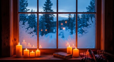 Cozy winter window scene candles snow and evening atmosphere