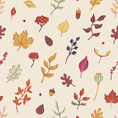 Vector seamless pattern with scattered autumn leaves, berries, acorn, pine cone, rosehip. Hand-drawn fall botanical background. Cozy natural design for textile, wrapping paper, notebook cover.