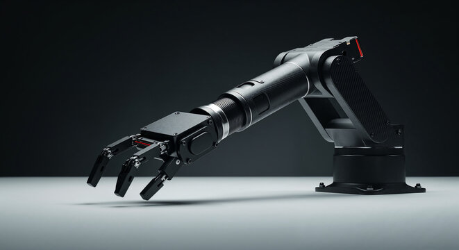 Black Industrial Robot Arm with Carbon Fiber Body stock.