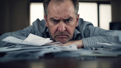 Frustrated middle-aged man staring at piles of paperwork in office  