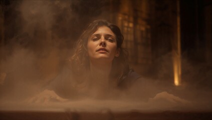 Woman emerging from mist with a contemplative expression indoors  