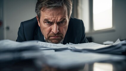 Frustrated businessman working on paperwork with intense focus in office  