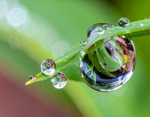 Macro shot of water droplets clinging to a blade of grass, reflecting the surrounding greenery in a vibrant display of nature's beauty