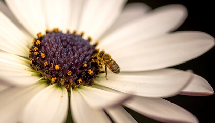 Macro shot revealing a bee on a white daisy with a deep purple center. The bee is collecting pollen, highlighting intricate details