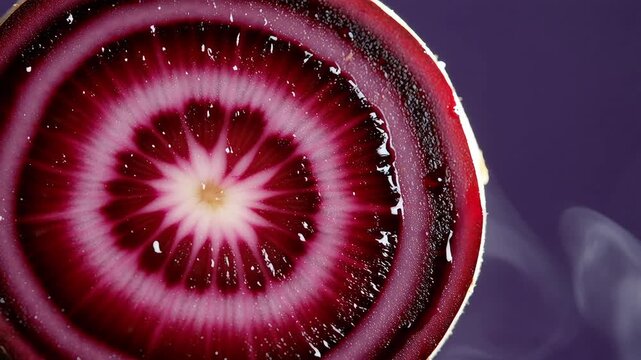 Close-up macro shot of a single slice of fresh chioggia beetroot showing red and white concentric ring pattern on a purple background