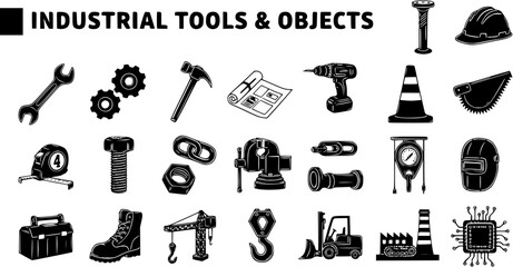 Industrial Tools  Objects Vector Icon Set: Construction, Workshop, Engineering Equipment, Safety Gear, and Machinery Silhouettes