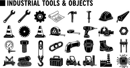 Industrial Tools and Objects Vector Icons Set. Collection of Construction, Engineering, and Manufacturing Equipment Symbols in Black and White Silhouette.