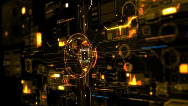 Futuristic digital interface displays glowing orange circuit board lines and data visualizations on a dark background - Powered by Adobe