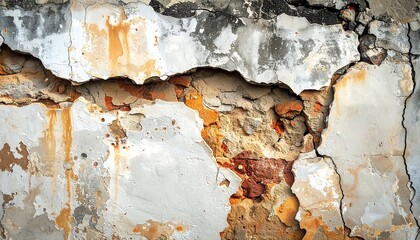 Macro shot revealing the distressed texture of a decaying wall. Fractured plaster exposes brick and mottled coloration from age