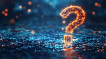 A glowing question mark on an abstract electronic circuit. Blue and orange hues illuminate the scene - Powered by Adobe