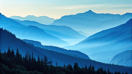 Mountains bathed in soft blue hues create a serene gradient landscape at dawn in the wilderness