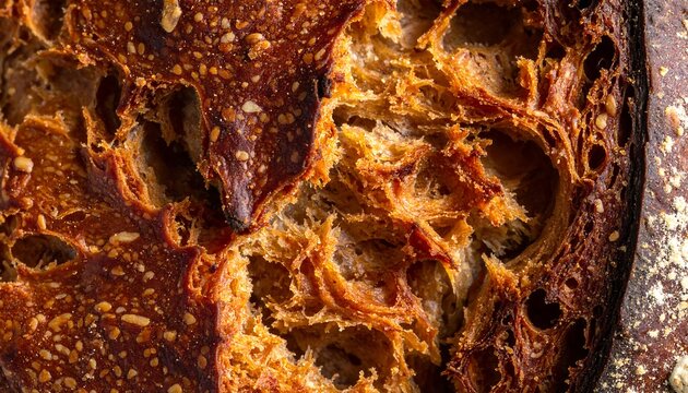 Macro shot revealing the intricate texture of a rustic loaf of bread, showcasing a golden-brown crust with a porous interior