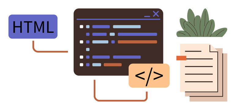 Code editor showcasing lines of HTML code, connected to an HTML tag icon and a document. Ideal for programming, coding, technology, education, web design, development learning. Simple flat metaphor