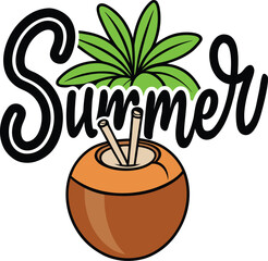  Summer beach holiday greeting with coconut on a white background