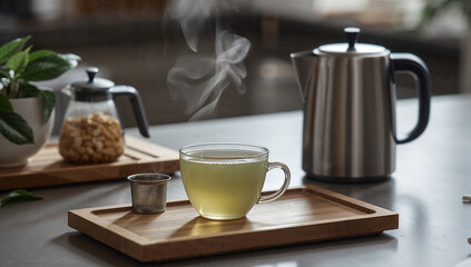 Fototapeta premium Cup of hot green tea on wooden tray with steam and teapot in cozy kitchen — relaxing morning beverage concept