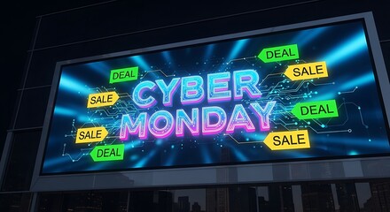 Cyber monday sale sign with neon lights and circuit board design