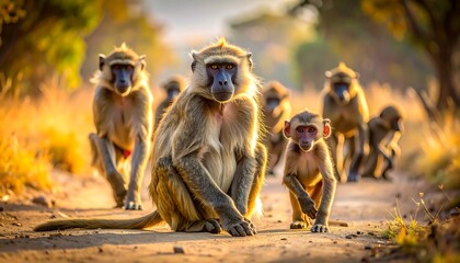 A Family of Baboons in the African Savanna.