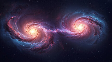 Two spiral galaxies connected by luminous bridge in deep space, glowing with vibrant pink and blue hues, creating stunning cosmic scene full of wonder and mystery
