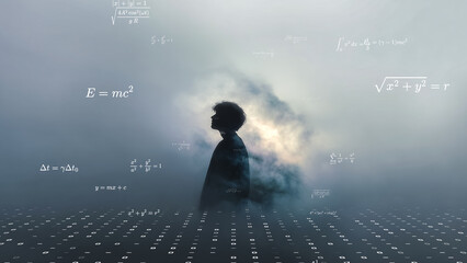 Futuristic lyrical art expressing the fusion of human consciousness and the mathematical world