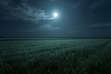 A wide grassland glows softly under moonlight. Silver tones and gentle shadows stretch across the horizon, creating a cinematic night mood.