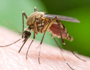 Macro shot reveals a close-up view of a mosquito resting on skin. Its elongated proboscis is prominent, wings are detailed, and a blood meal is visible