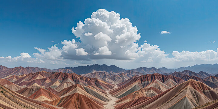 Vivid multicolored mountain range under bright blue sky with massive white cloud, showcasing dramatic geological layers, arid desert landscape, and breathtaking natural travel scenery.  
 - Powered by Adobe