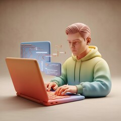 Young man coding on a laptop, surrounded by glowing lines of code, illustrating the world of software development and digital creation
