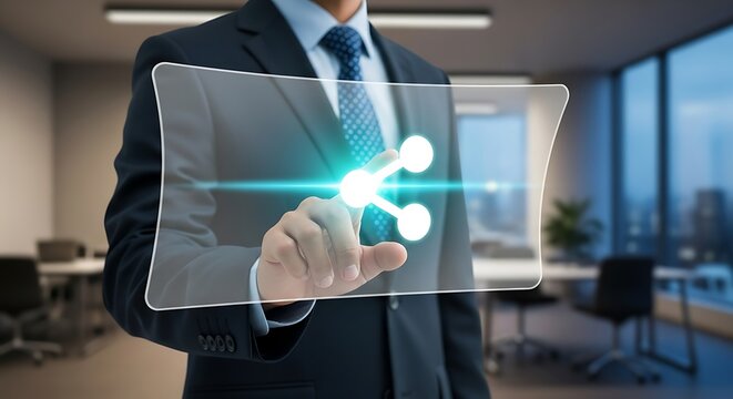 Businessman using virtual screen with share icon in modern office