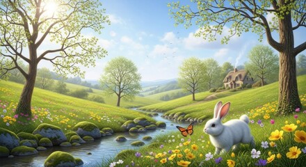 A white rabbit standing in a grassy field with a stream, surrounded by flowers and trees, with a rainbow in the background.