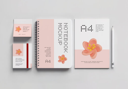 A4 Notebook Spiral Notepad Sticky Note Pencil Stationery Mockup