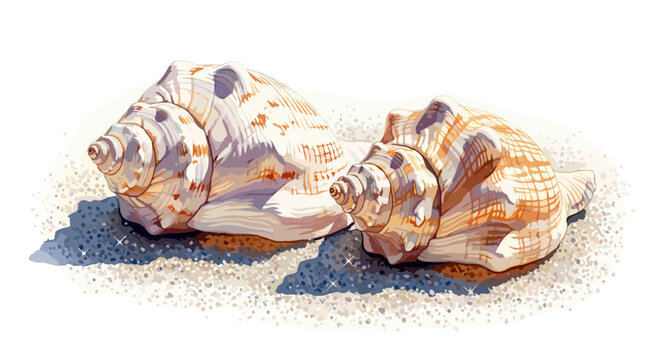Two large conch shells resting on a sandy beach with textured surface and shadows