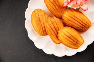 Madeleine cookies sweet dessert traditional french sweets tasty snack fresh delicious gourmet food background on the table rustic top view copy space