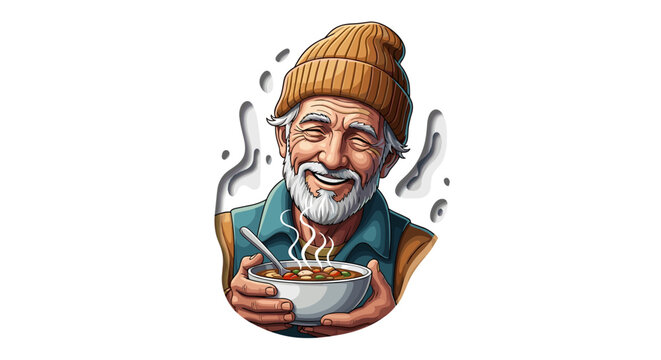 Joyful elderly man wearing a beanie holding a steaming bowl of delicious hot soup