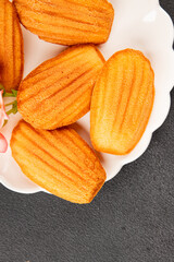 Madeleine cookies sweet dessert traditional french sweets tasty snack fresh delicious gourmet food background on the table rustic top view copy space