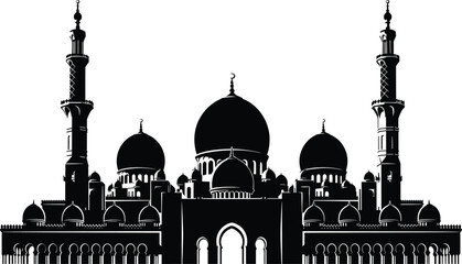 Black and White Silhouette of Islamic Mosque with Domes and Minarets in Traditional Architecture Style for Religious and Cultural Illustration © shamima