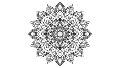Intricate black and white illustration of a symmetrical floral design, radiating outwards from a central point. Details encompass petals and curves