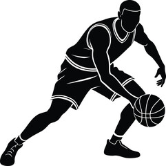 Silhouette of a basketball player dribbling a ball