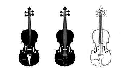 Naklejka premium Minimalist black and white illustration of three violins, detailed, solid, and outlined silhouettes, clean lines, sharp contrast, decorative strings, pegs, f-holes, equal size, horizontal layout.