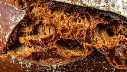 Macro shot reveals intricate texture of crusty, freshly baked bread. Details include dark, bubbly interior contrasting with a crisp exterior