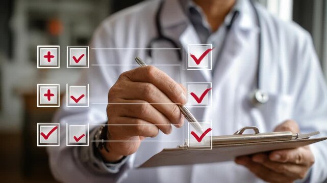 A male doctor in a white coat holds a clipboard and checks off items on a list. The background is blurred, suggesting a medical office environment.