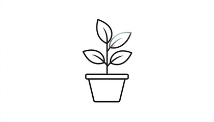 Obraz premium Line art drawing of a small plant in a pot, showing detailed leaves. Simple illustration, minimalist, clean lines on a white background