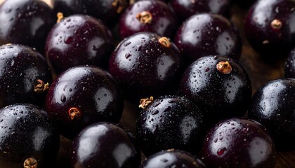 Macro shot showcases a cluster of shiny, deep purple berries, glistening with water droplets, against a warm wooden background