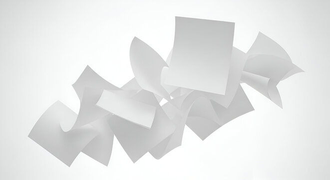 Abstract arrangement of floating white paper sheets on a gradient background