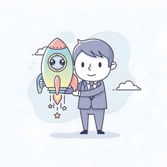 Cartoon businessman holding a vibrant rocket, symbolizing a successful business launch, innovative startup project, future growth, and ambitious entrepreneurial spirit